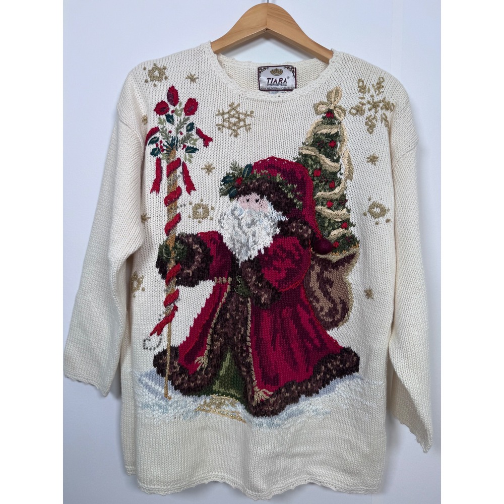 VTG Ugly Christmas Tree Santa Sweater Women M Cream Novelty Knit Festive Kitsch